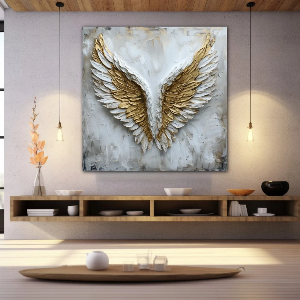 Painting of golden and white angel wings in oil painting style.