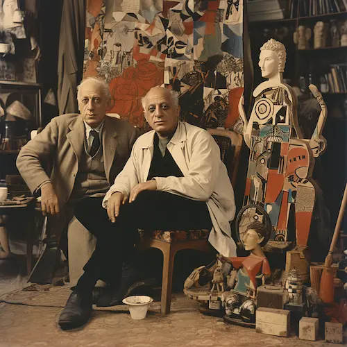 Illustration of Pablo Picasso and Braque in their art studio