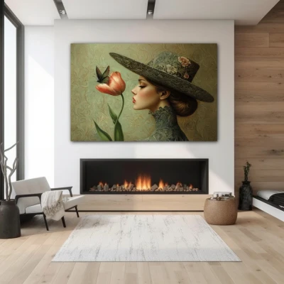 Wall Art titled: The Sigh of a Flower in a Horizontal format with: and Green Colors; Decoration the Fireplace wall