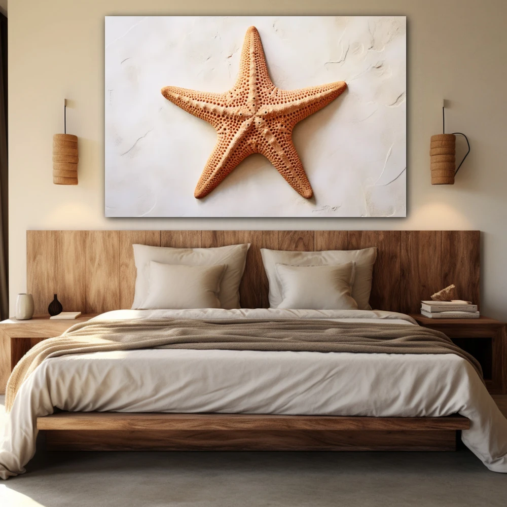 Cuadro la estrella del mar en formato horizontal con colores marrón, beige; decorando pared de habitación dormitorio