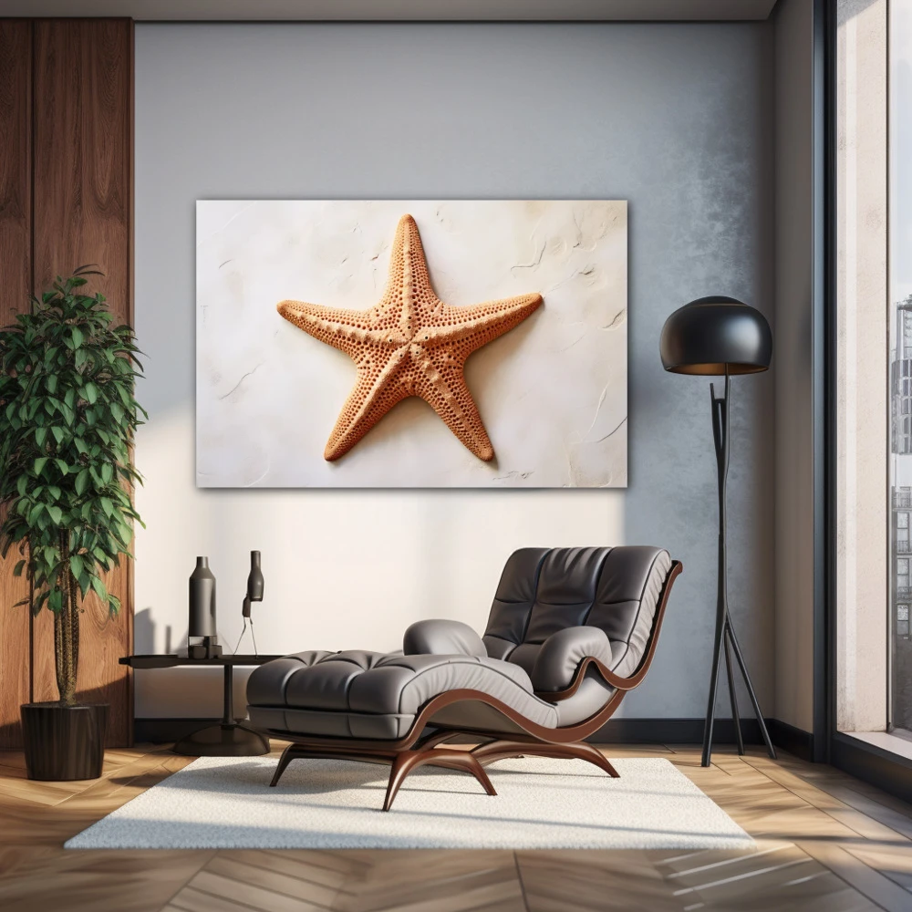 Cuadro la estrella del mar en formato horizontal con colores marrón, beige; decorando pared de salón comedor