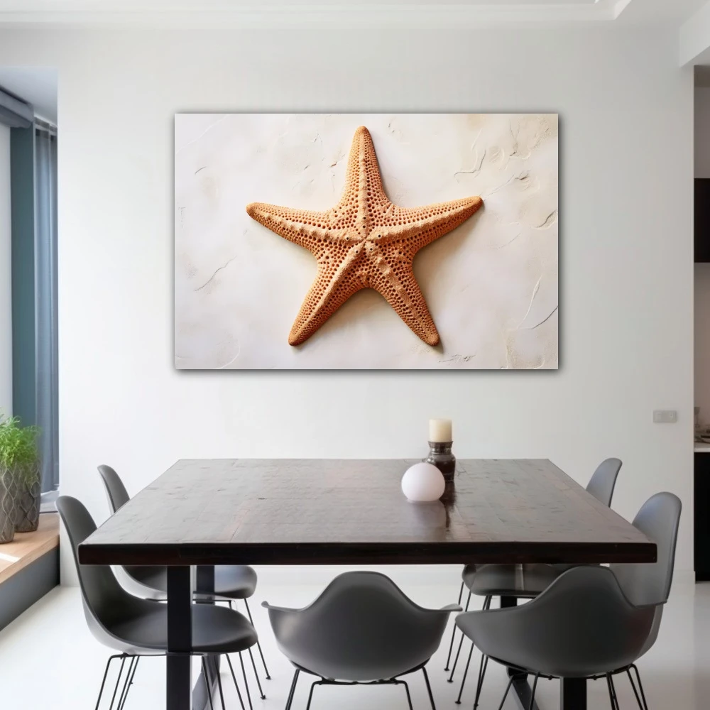 Cuadro la estrella del mar en formato horizontal con colores marrón, beige; decorando pared de salón comedor