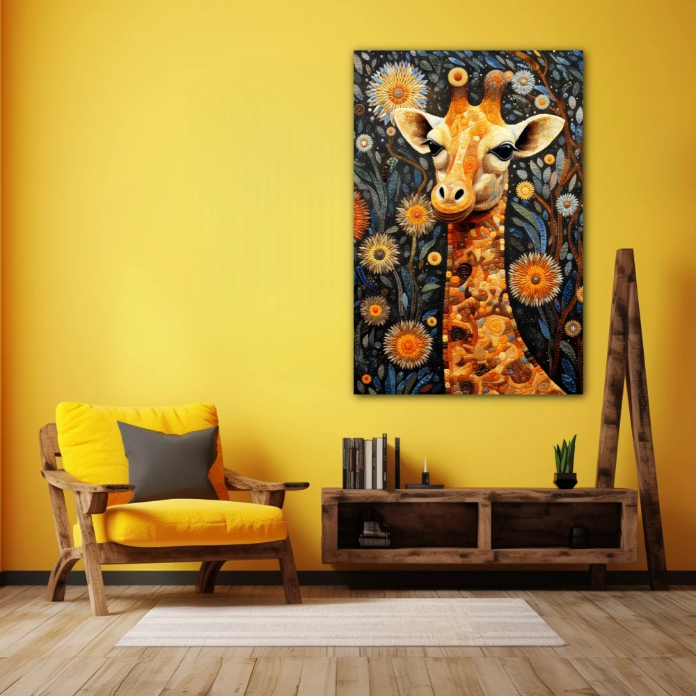 Cuadro altura africana en formato vertical con colores gris, marrón, naranja; decorando pared amarilla