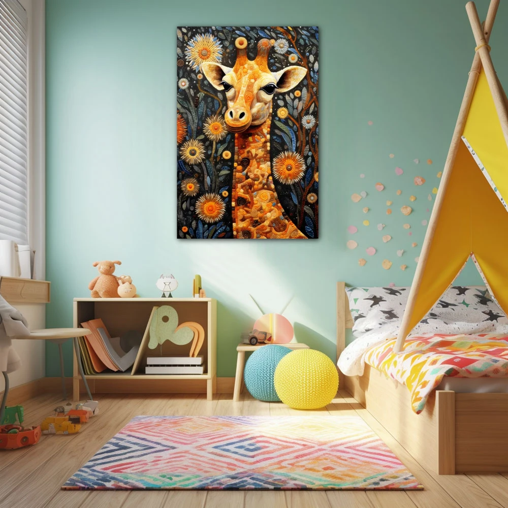 Cuadro altura africana en formato vertical con colores gris, marrón, naranja; decorando pared de dormitorio infantil