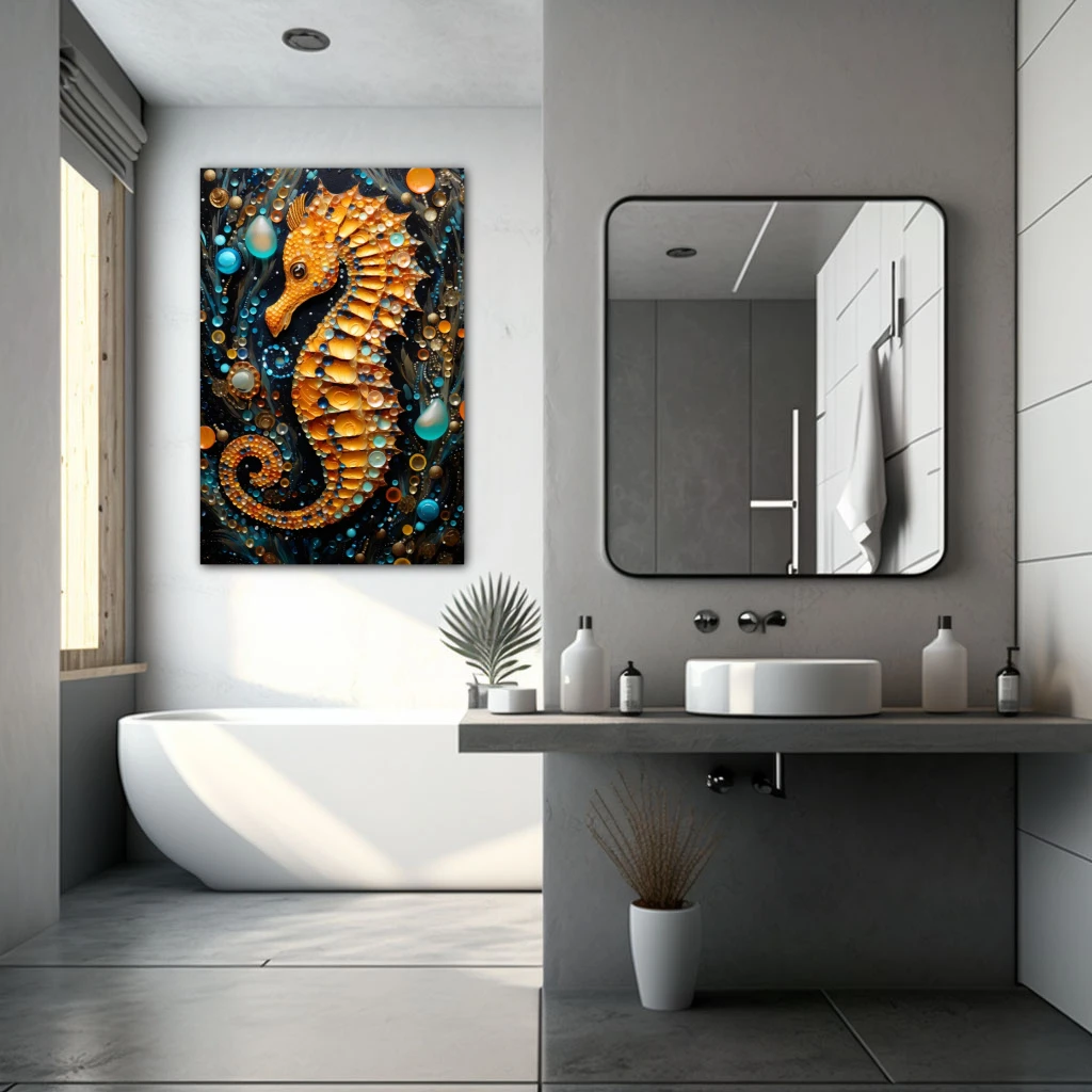 Wall Art titled: The Little Sea Rider in a Vertical format with: Blue, and Orange Colors; Decoration the Bathroom wall