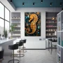 Wall Art titled: The Little Sea Rider in a Vertical format with: Blue, and Orange Colors; Decoration the Pharmacy wall
