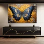Wall Art titled: Effervescent Butterfly in a Horizontal format with: Blue, Golden, and Grey Colors; Decoration the Sideboard wall