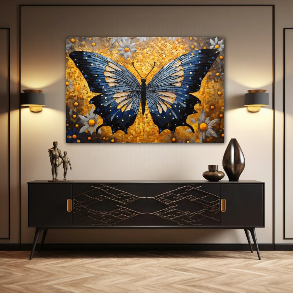 Cuadro mariposa efervescente en formato horizontal con colores azul, dorado, gris; decorando pared de aparador