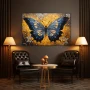 Cuadro Mariposa Efervescente en formato horizontal con colores Azul, Dorado, Gris; Decorando pared de Salón comedor