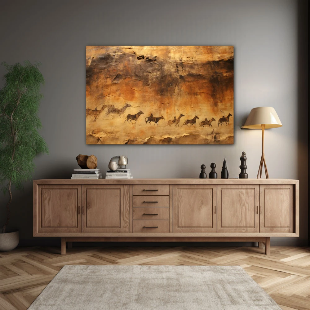 Wall Art titled: Ancestral Art in a Horizontal format with: Brown, and Beige Colors; Decoration the Sideboard wall