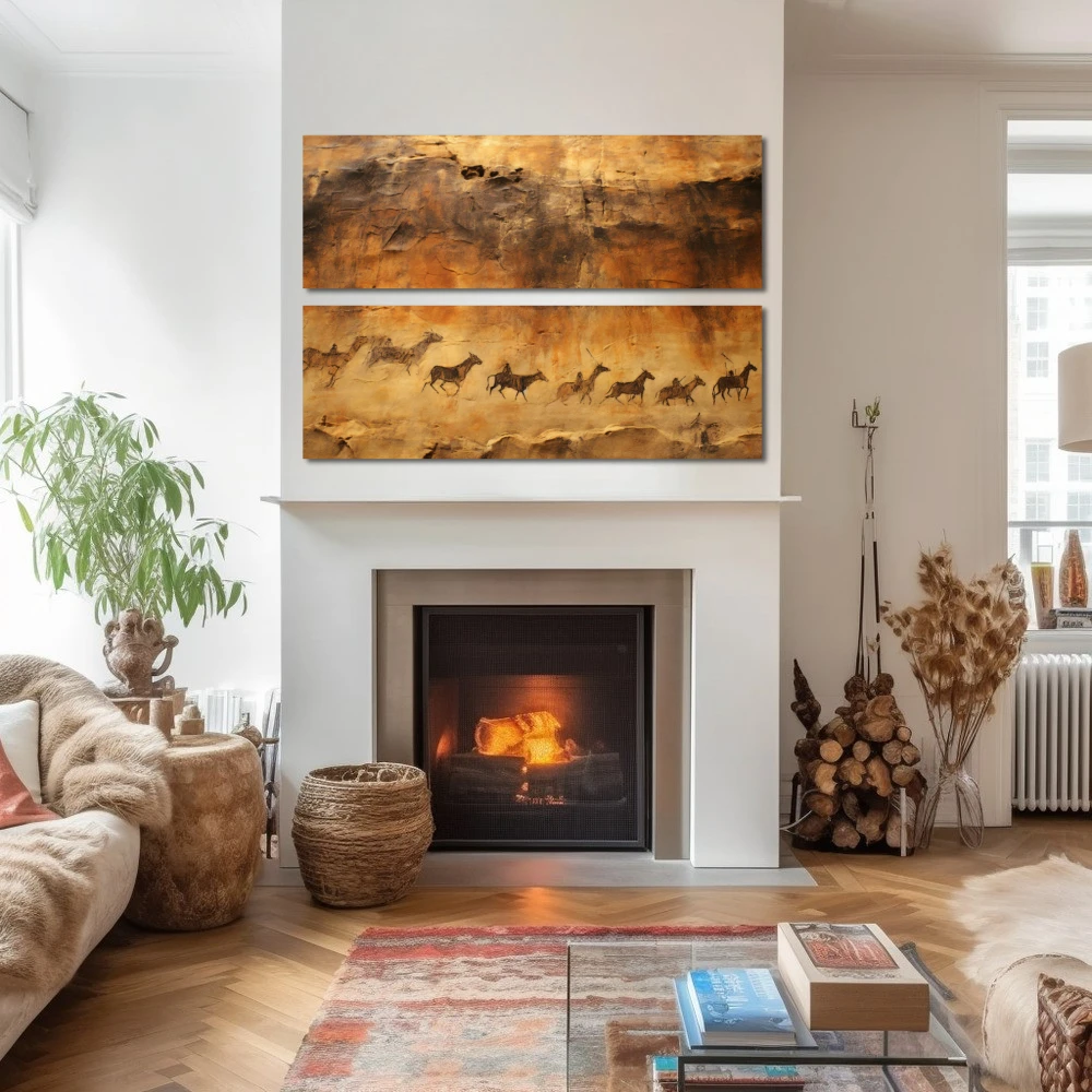 Wall Art titled: Ancestral Art in a Horizontal format with: Brown, and Beige Colors; Decoration the Fireplace wall