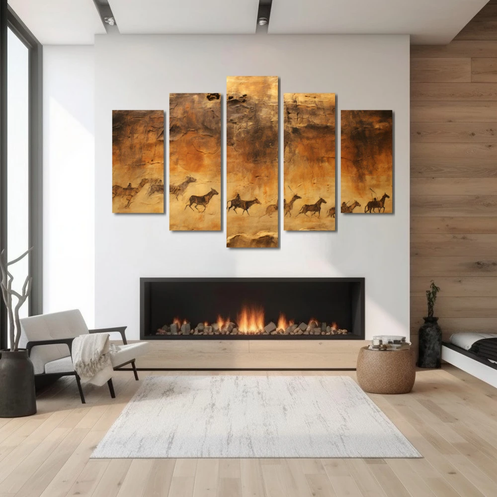 Wall Art titled: Ancestral Art in a Horizontal format with: Brown, and Beige Colors; Decoration the Fireplace wall