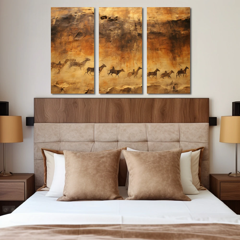 Cuadro arte ancestral en formato tríptico con colores marrón, beige; decorando pared de habitación dormitorio