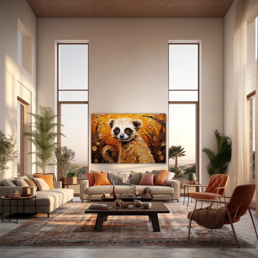 Cuadro que mono eres en formato horizontal con colores marrón, naranja, beige; decorando pared de salón comedor