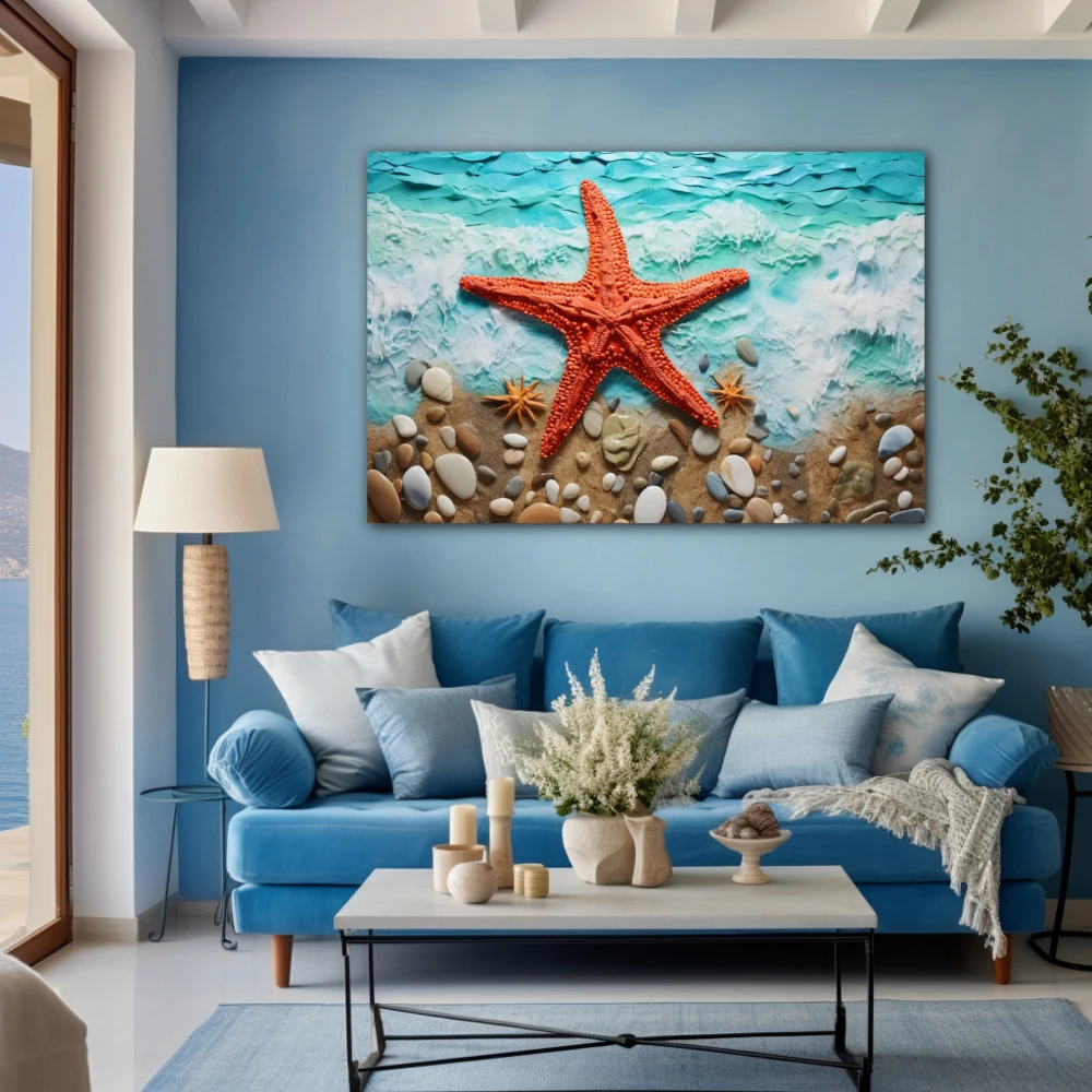 Cuadro la estrella en el mar en formato horizontal con colores celeste, marrón, rojo; decorando pared azul