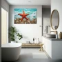 Wall Art titled: The Star in the Sea in a Horizontal format with: Sky blue, Brown, and Red Colors; Decoration the Bathroom wall