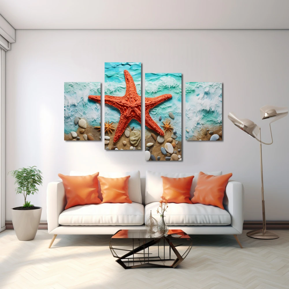 Wall Art titled: The Star in the Sea in a Horizontal format with: Sky blue, Brown, and Red Colors; Decoration the White Wall wall