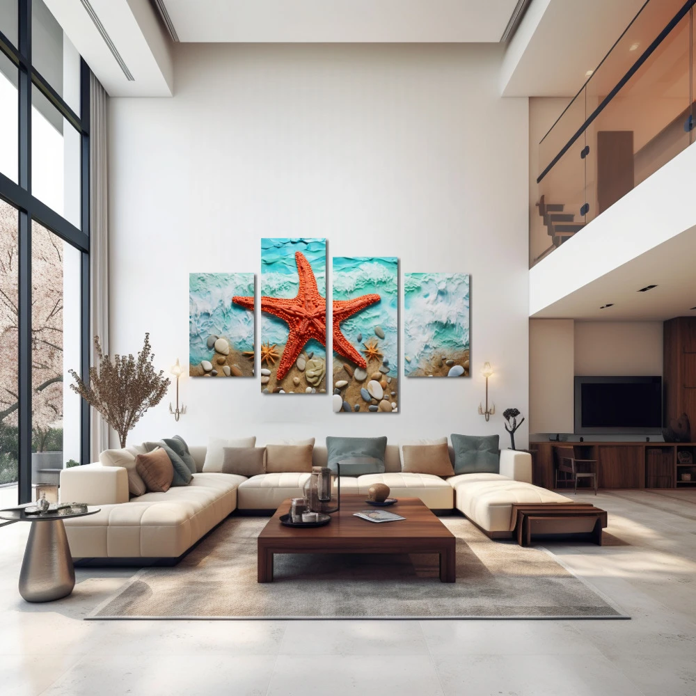 Wall Art titled: The Star in the Sea in a Horizontal format with: Sky blue, Brown, and Red Colors; Decoration the Above Couch wall