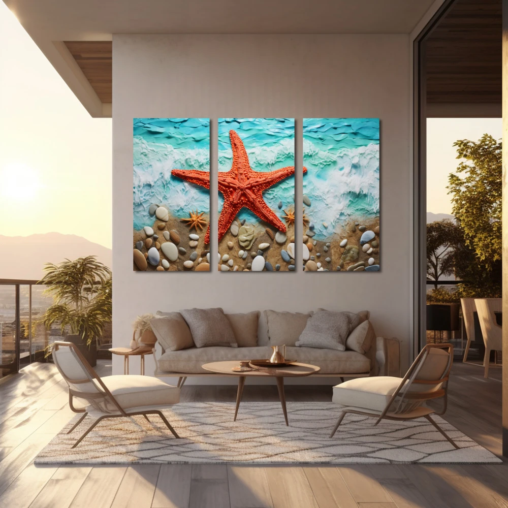 Cuadro la estrella en el mar en formato tríptico con colores celeste, marrón, rojo; decorando pared de exterior