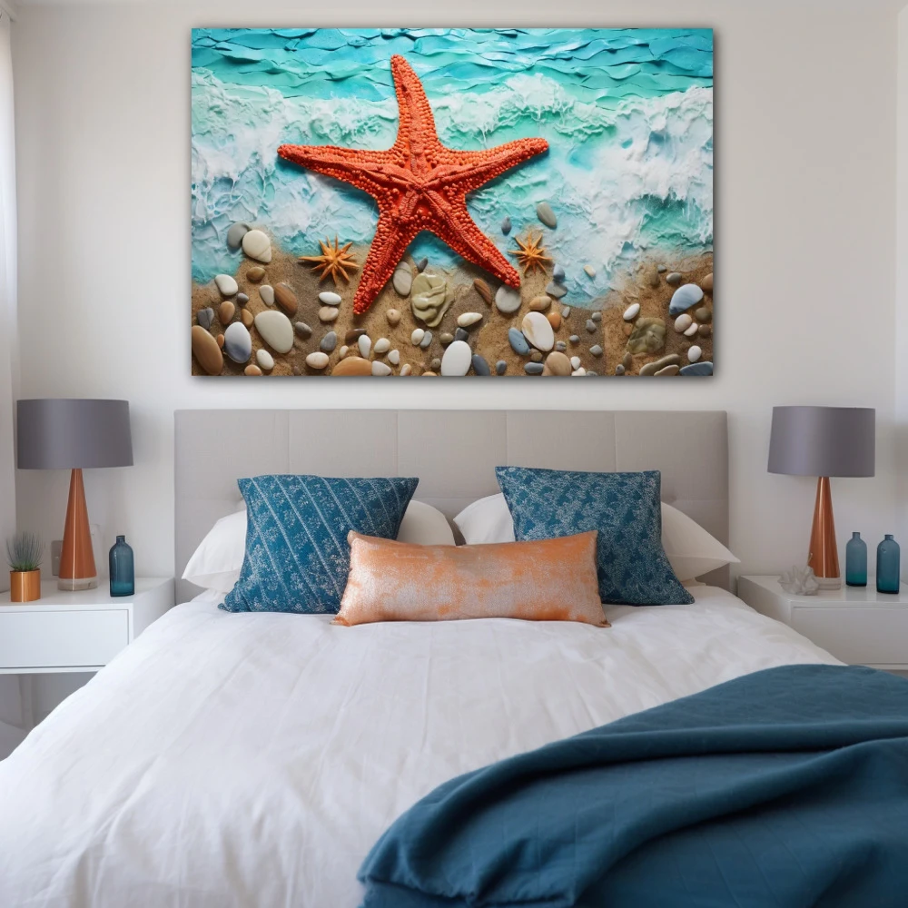 Cuadro la estrella en el mar en formato horizontal con colores celeste, marrón, rojo; decorando pared de habitación dormitorio