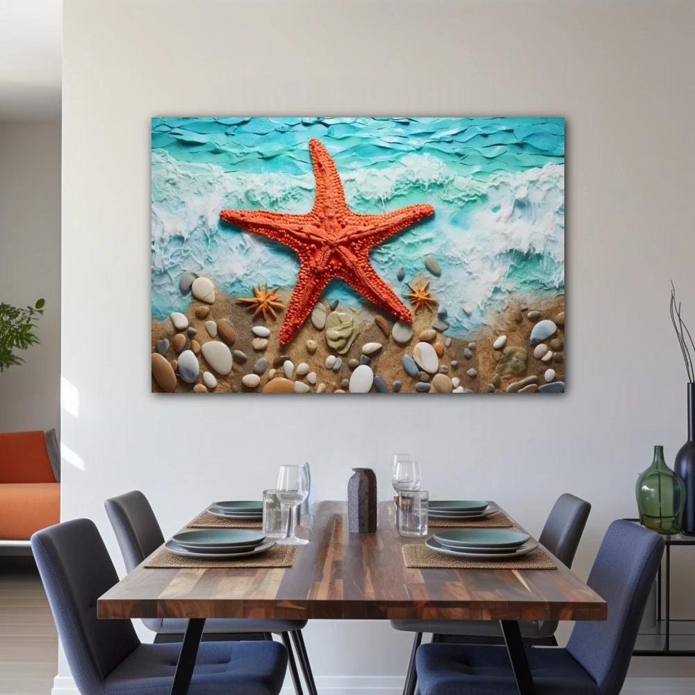Cuadro la estrella en el mar en formato horizontal con colores celeste, marrón, rojo; decorando pared de salón comedor