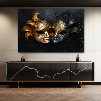 Wall Art titled: The 2 Faces of Truth in a  format with: Blue, Golden, and Black Colors; Decoration the Sideboard wall