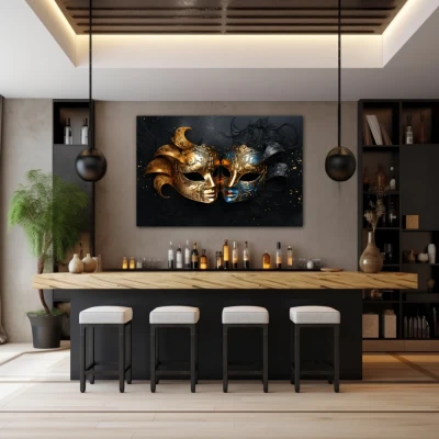Wall Art titled: The 2 Faces of Truth in a  format with: Blue, Golden, and Black Colors; Decoration the Bar wall