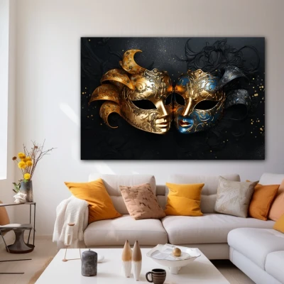 Wall Art titled: The 2 Faces of Truth in a  format with: Blue, Golden, and Black Colors; Decoration the White Wall wall