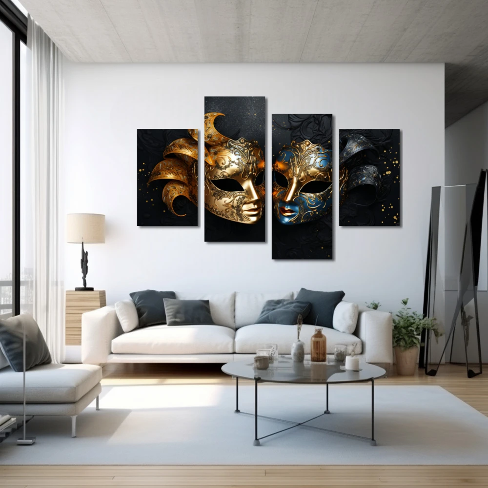 Wall Art titled: The 2 Faces of Truth in a Horizontal format with: Blue, Golden, and Black Colors; Decoration the White Wall wall