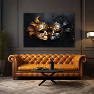Wall Art titled: The 2 Faces of Truth in a  format with: Blue, Golden, and Black Colors; Decoration the Above Couch wall