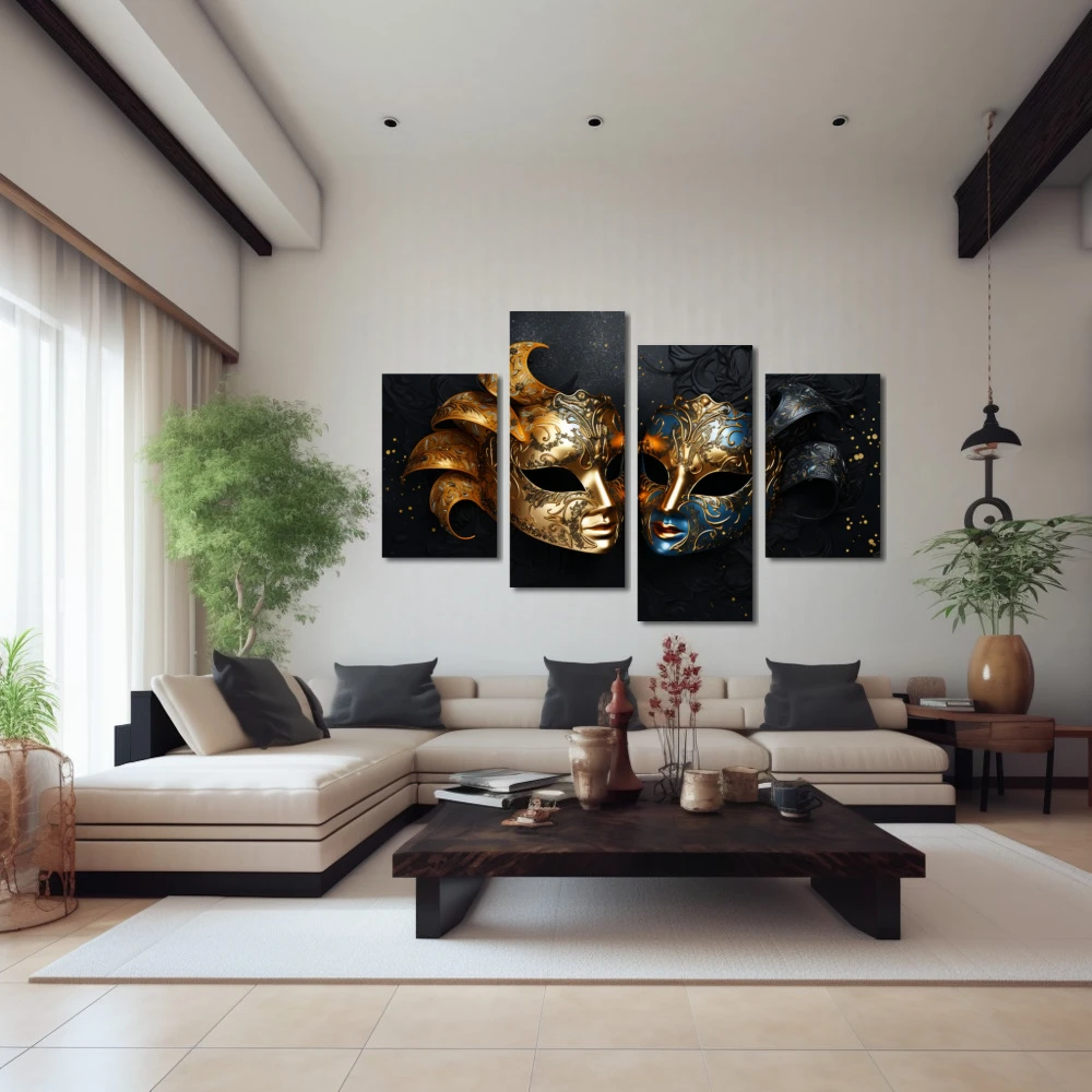 Wall Art titled: The 2 Faces of Truth in a Horizontal format with: Blue, Golden, and Black Colors; Decoration the Above Couch wall