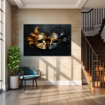 Wall Art titled: The 2 Faces of Truth in a  format with: Blue, Golden, and Black Colors; Decoration the Staircase wall