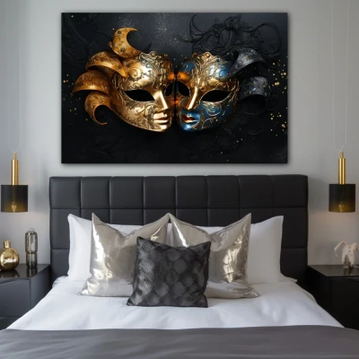 Wall Art titled: The 2 Faces of Truth in a  format with: Blue, Golden, and Black Colors; Decoration the Bedroom wall