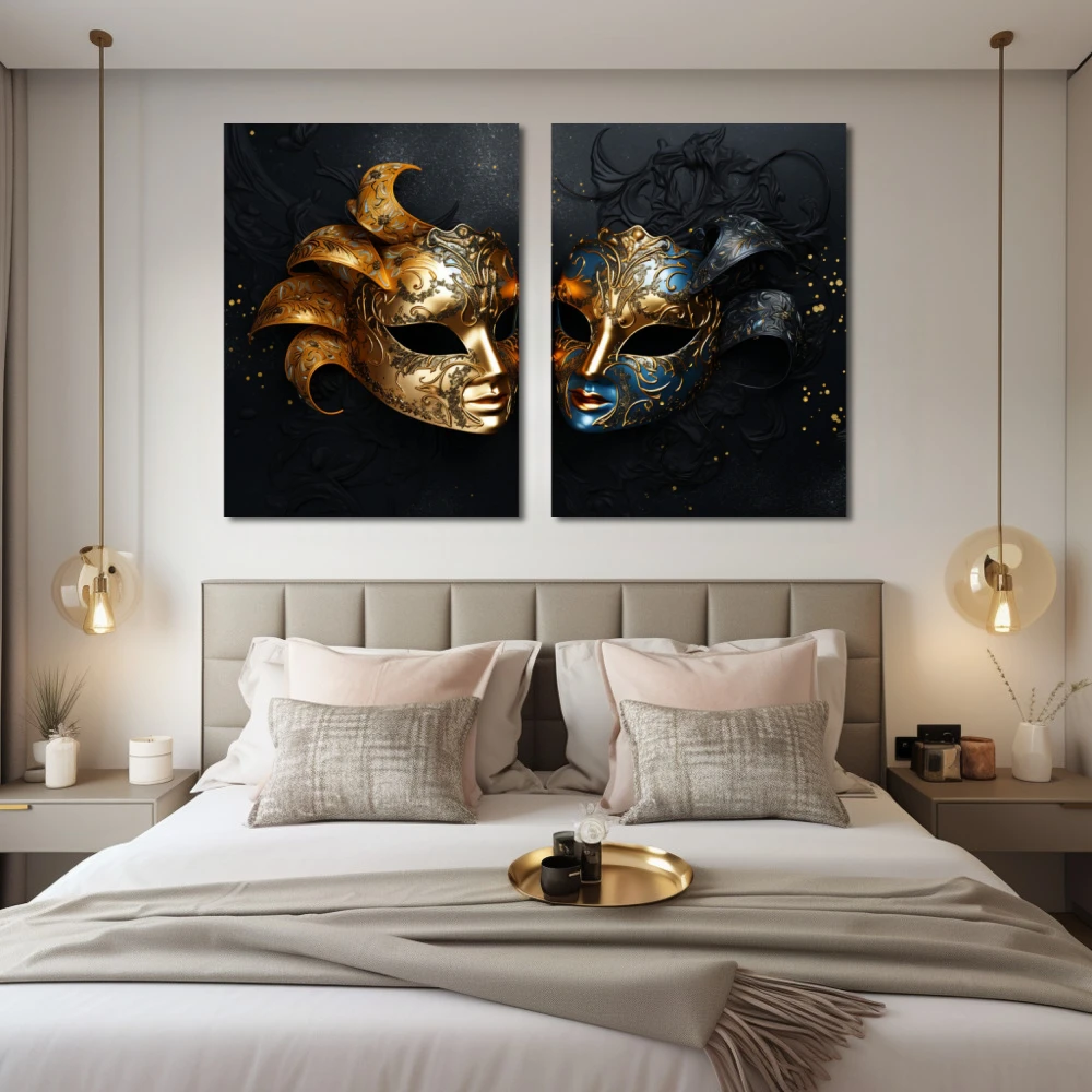 Cuadro las 2 caras de la verdad en formato díptico con colores azul, dorado, negro; decorando pared de habitación dormitorio