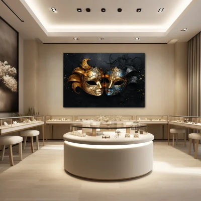 Wall Art titled: The 2 Faces of Truth in a  format with: Blue, Golden, and Black Colors; Decoration the Jewellery wall