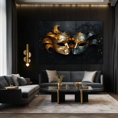 Wall Art titled: The 2 Faces of Truth in a  format with: Blue, Golden, and Black Colors; Decoration the Black Walls wall