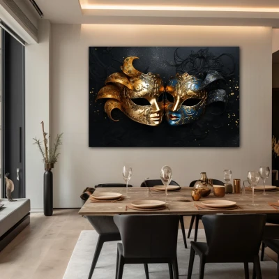 Wall Art titled: The 2 Faces of Truth in a  format with: Blue, Golden, and Black Colors; Decoration the Living Room wall