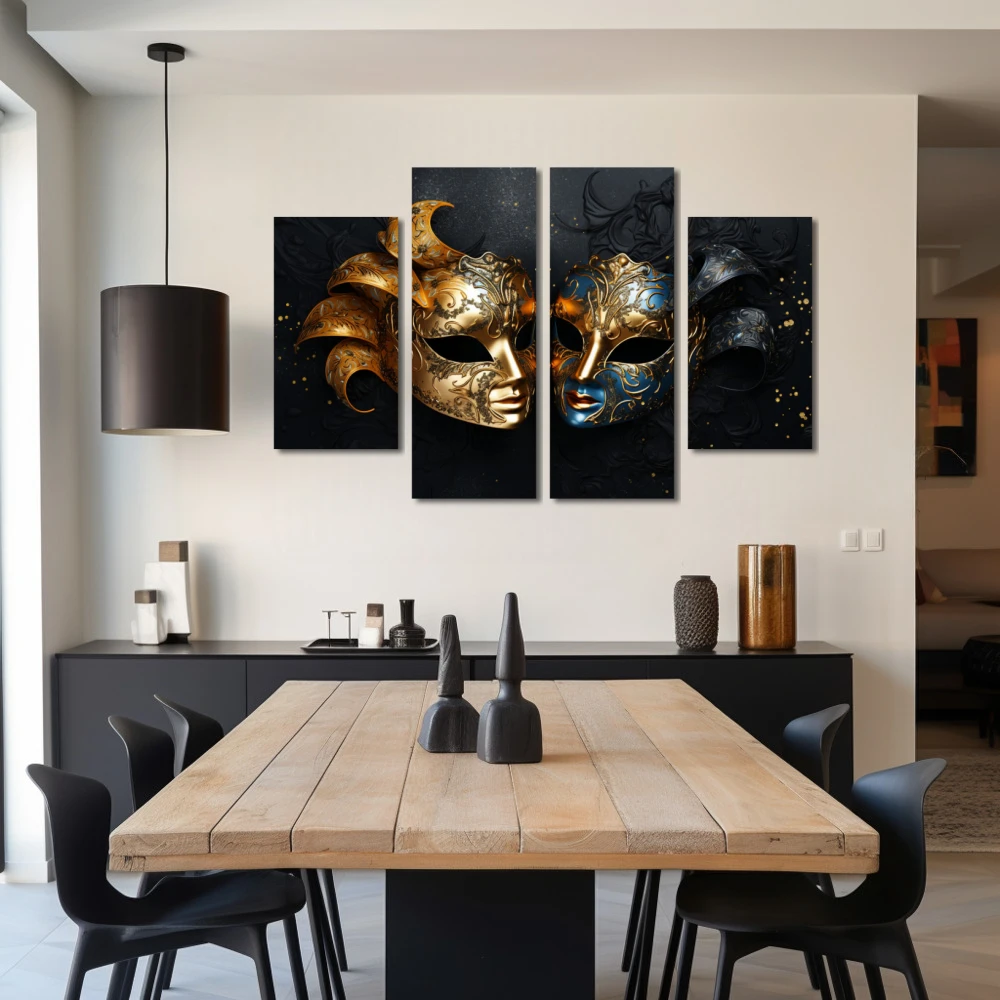 Wall Art titled: The 2 Faces of Truth in a Horizontal format with: Blue, Golden, and Black Colors; Decoration the Living Room wall