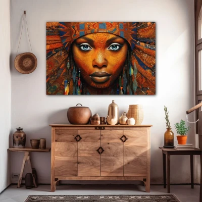 Wall Art titled: Ethnic Gaze in a Horizontal format with: Blue, and Orange Colors; Decoration the Sideboard wall