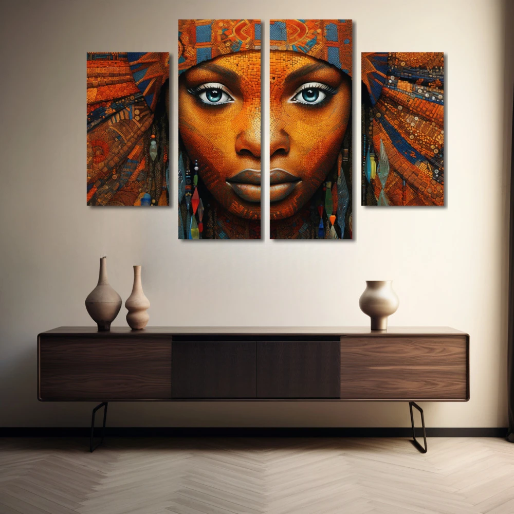 Wall Art titled: Ethnic Gaze in a Horizontal format with: Blue, and Orange Colors; Decoration the Sideboard wall