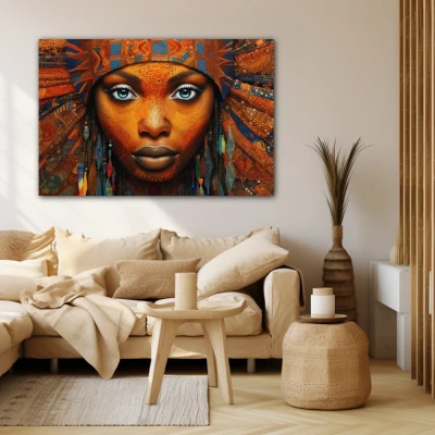Wall Art titled: Ethnic Gaze in a  format with: Blue, and Orange Colors; Decoration the Beige Wall wall