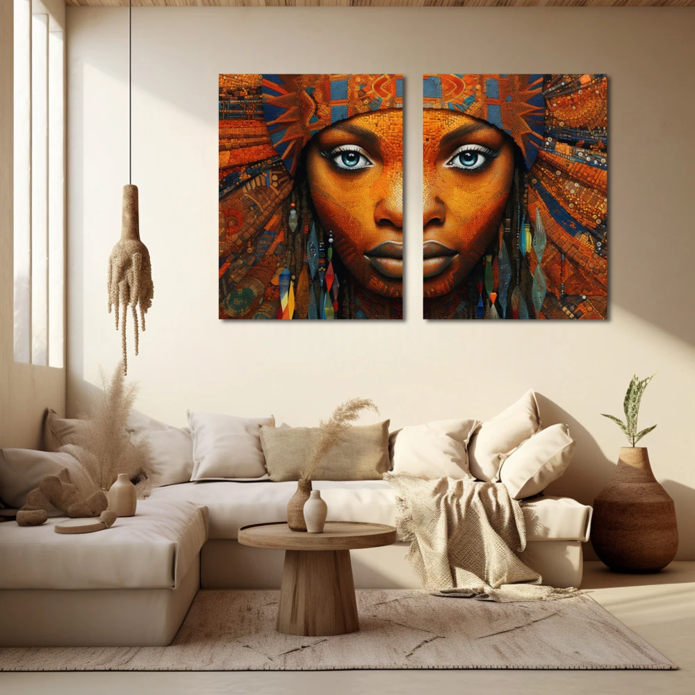 Wall Art titled: Ethnic Gaze in a Horizontal format with: Blue, and Orange Colors; Decoration the Beige Wall wall