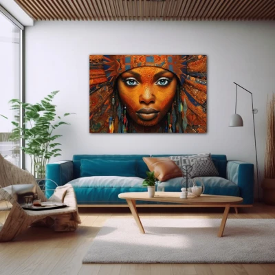 Wall Art titled: Ethnic Gaze in a Horizontal format with: Blue, and Orange Colors; Decoration the Above Couch wall