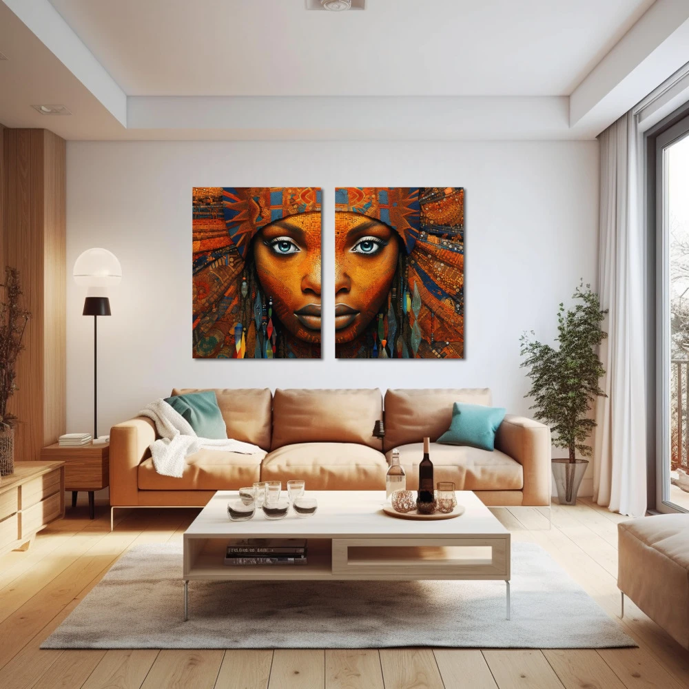 Wall Art titled: Ethnic Gaze in a Horizontal format with: Blue, and Orange Colors; Decoration the Above Couch wall