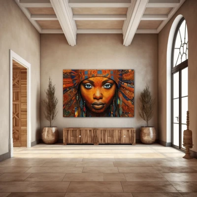 Wall Art titled: Ethnic Gaze in a  format with: Blue, and Orange Colors; Decoration the Entryway wall