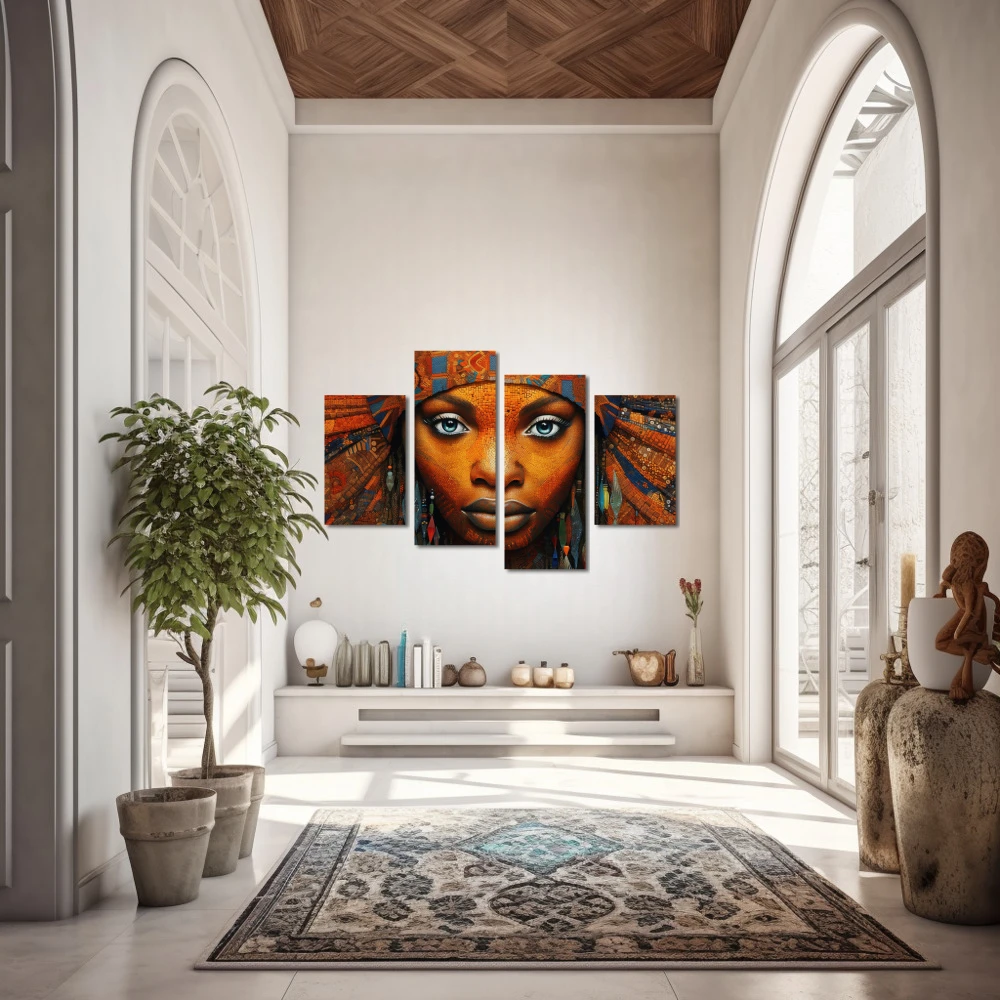 Wall Art titled: Ethnic Gaze in a Horizontal format with: Blue, and Orange Colors; Decoration the Entryway wall