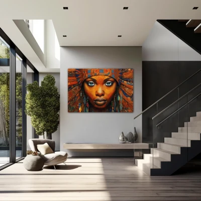 Wall Art titled: Ethnic Gaze in a  format with: Blue, and Orange Colors; Decoration the Staircase wall