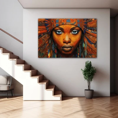 Wall Art titled: Ethnic Gaze in a Horizontal format with: Blue, and Orange Colors; Decoration the Staircase wall