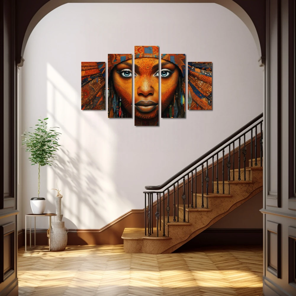 Wall Art titled: Ethnic Gaze in a Horizontal format with: Blue, and Orange Colors; Decoration the Staircase wall