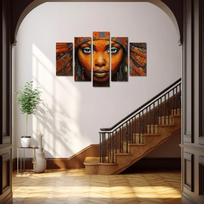 Wall Art titled: Colorful Labyrinths in a Square format with: Brown, Orange, and Beige Colors; Decoration the Staircase wall